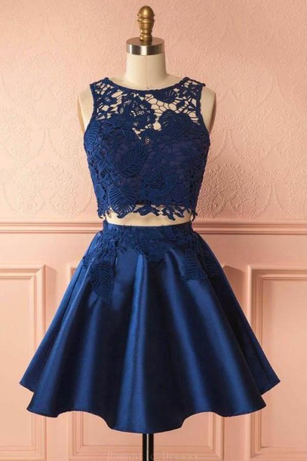 Two Piece Lace Navy Blue Cheap Short Prom Dress Homecoming Dresses, MH261 –  Musebridals
