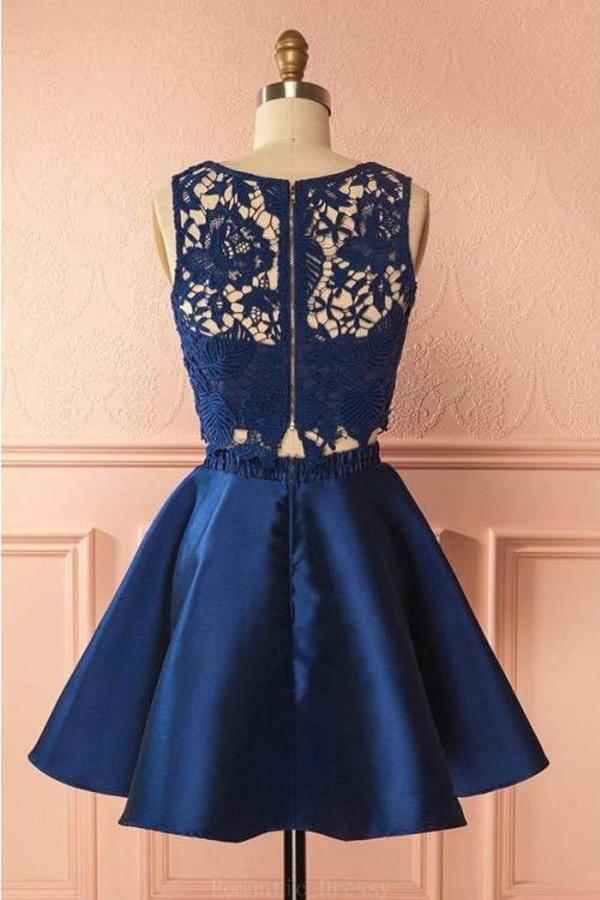 Two Piece Lace Navy Blue Cheap Short Prom Dress Homecoming Dresses, MH261