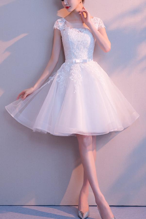 scoop neck homecoming dress Princess Scoop Neck Satin with Pearl Beaded Bodice Homecoming Dresses APD2760