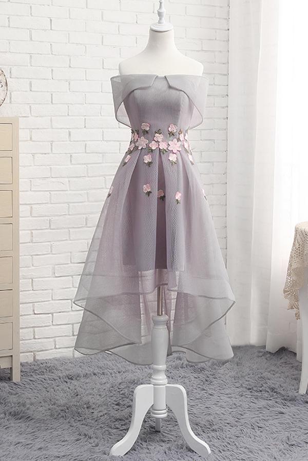 Tulle Off Shoulder High Low A-line Homecoming Dress with Flowers, MH191 Musebridals Tulle Off Shoulder High Low A-line Homecoming Dress with Flowers, MH191 Musebridals