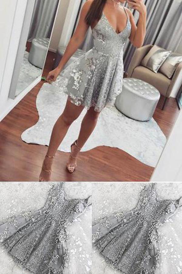 Silver Short Spaghetti Straps V-neck Mini Lace Homecoming Dresses for Teens, MH419 Silver Short Spaghetti Straps V-neck Mini Lace Homecoming Dresses for Teens, MH419
