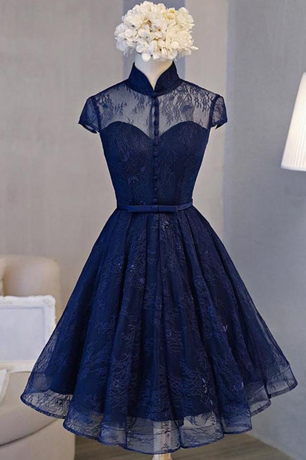 Navy Blue A-line High Neck Lace Short Sleeve Knee-length Homecoming Dresses, MH259 Navy Blue A-line High Neck Lace Short Sleeve Knee-length Homecoming Dresses, MH259