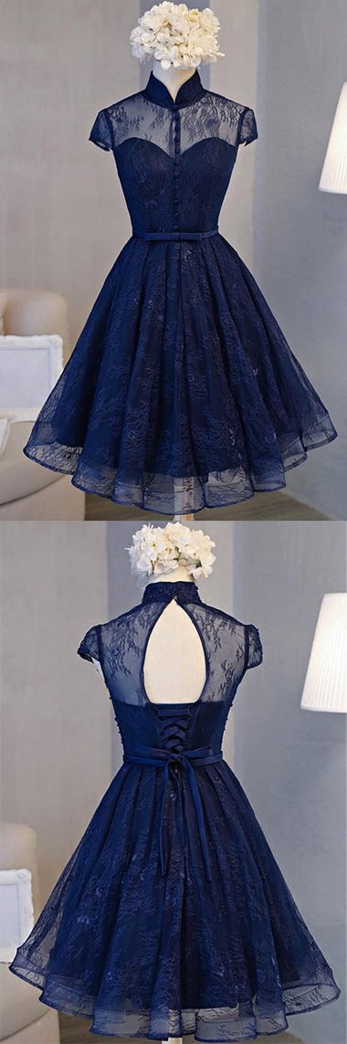 Navy Blue A-line High Neck Lace Short Sleeve Knee-length Homecoming Dresses, MH259 Musebridals Navy Blue A-line High Neck Lace Short Sleeve Knee-length Homecoming Dresses, MH259 Musebridals