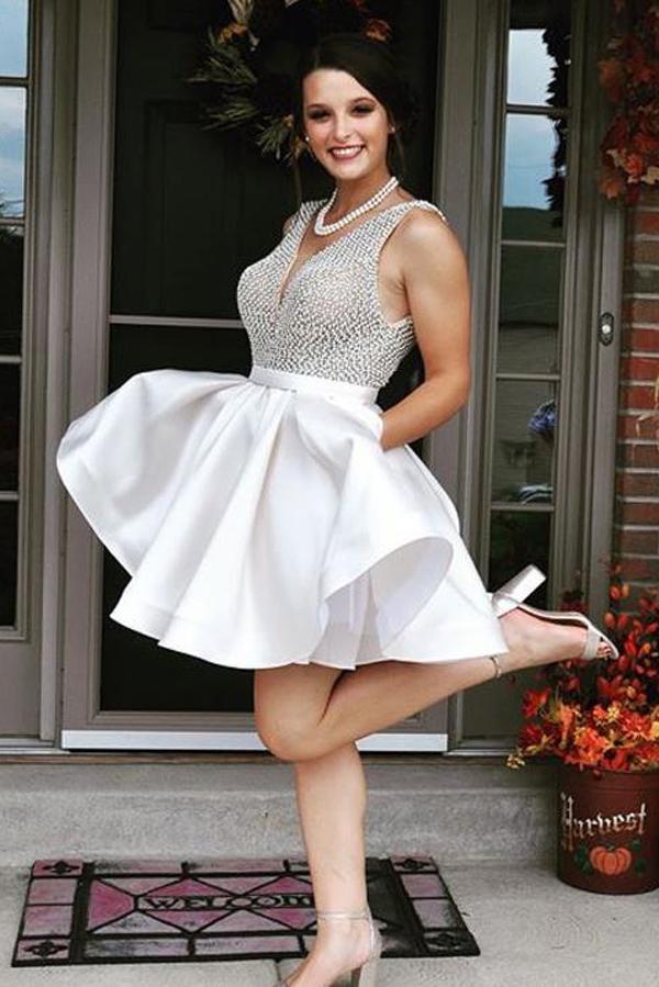 Fabulous V Neck Backless Beaded Short Prom Dress, Homecoming Dresses, MH206