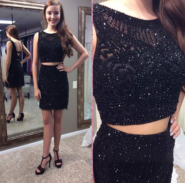 blue dress for baby girl Black Two Pieces Shinny Homecoming Dresses, Short Prom Dresses, MH299