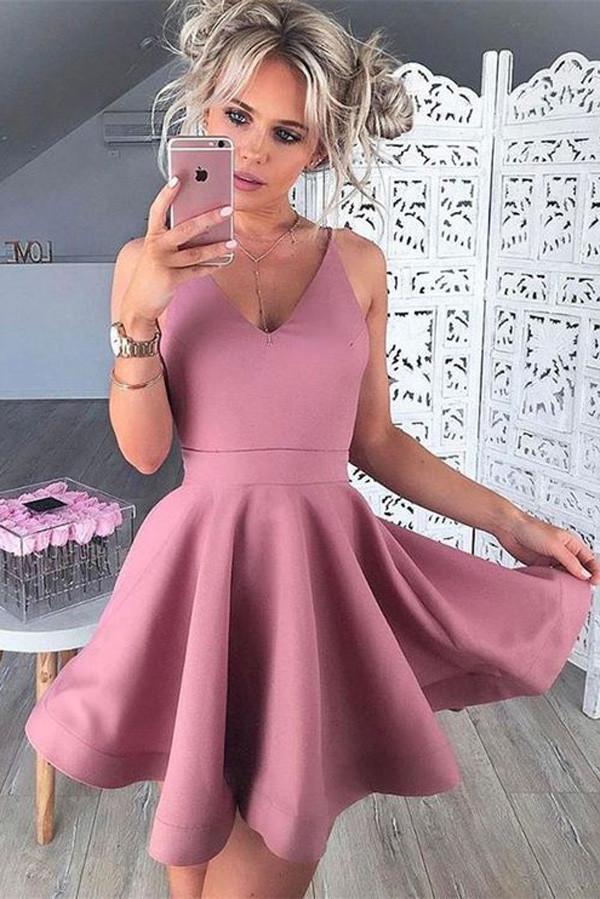 Simple Pink Satin V neck A-line Homecoming Dresses, Graduation Dresses, MH280 Simple Pink Satin V neck A-line Homecoming Dresses, Graduation Dresses, MH280