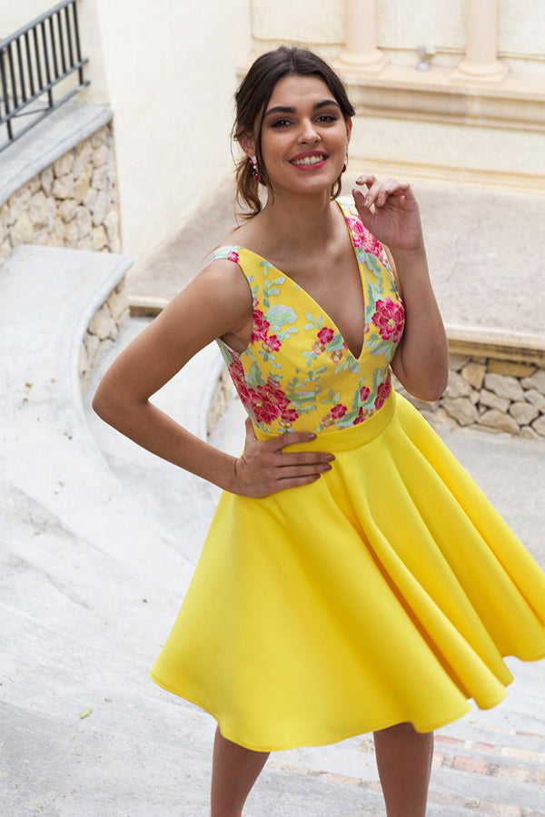 Charming Yellow Floral Satin Illusion Back Daffodil Homecoming Dresses,MH475 Musebridals Charming Yellow Floral Satin Illusion Back Daffodil Homecoming Dresses,MH475 Musebridals