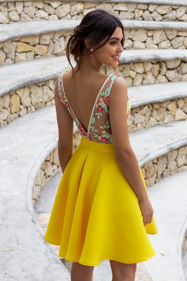 Charming Yellow Floral Satin Illusion Back Daffodil Homecoming Dresses,MH475 Musebridals Charming Yellow Floral Satin Illusion Back Daffodil Homecoming Dresses,MH475 Musebridals