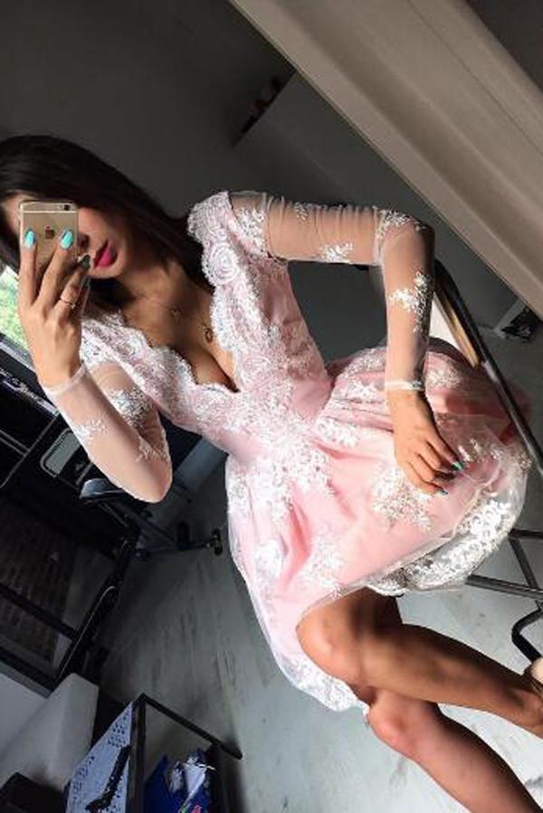 Cute Pink A-line Long Sleeves Short Prom Dress, Homecoming Dresses on Line, MH184 Musebridals Cute Pink A-line Long Sleeves Short Prom Dress, Homecoming Dresses on Line, MH184 Musebridals