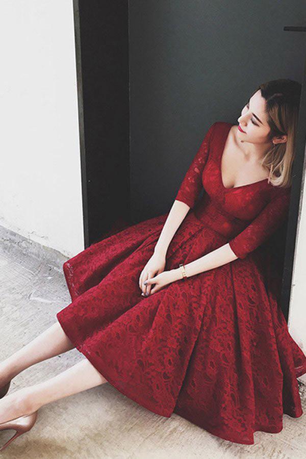 Knee Length Red Homecoming Dresses Long Sleeve Burgundy Half