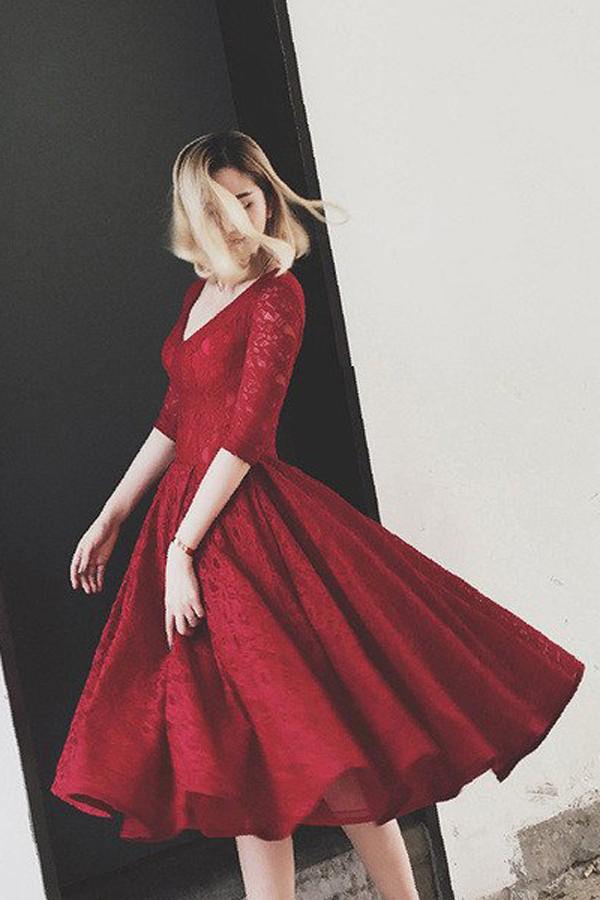 Burgundy Half Sleeves Lace V Neck Homecoming Dress Short Prom Dress MH221 Burgundy Half Sleeves Lace V Neck Homecoming Dress Short Prom Dress MH221