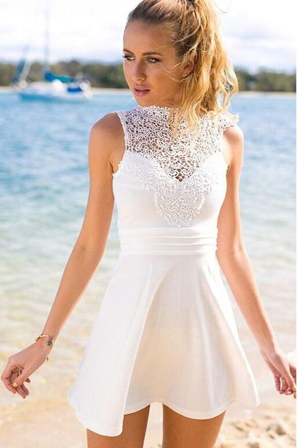 White Simple High Neck Chiffon Homecoming Dress, Short Prom Dresses, MH384 White Simple High Neck Chiffon Homecoming Dress, Short Prom Dresses, MH384