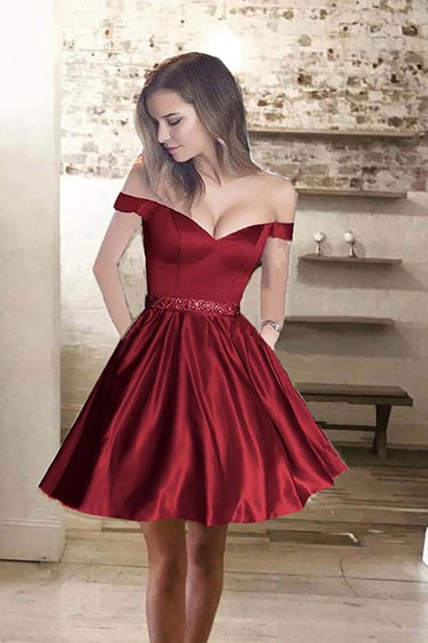 Short red prom dresses off hot sale the shoulder