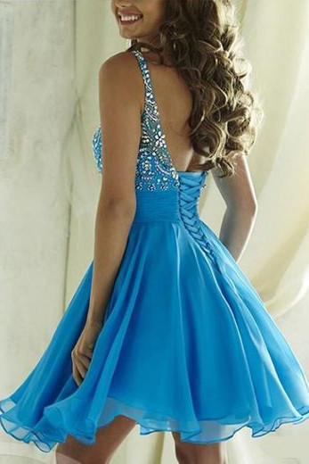 Blue Tulle Beaded Halter Open Back Homecoming Dresses, Junior Short Prom Dress, MH327 Blue Tulle Beaded Halter Open Back Homecoming Dresses, Junior Short Prom Dress, MH327