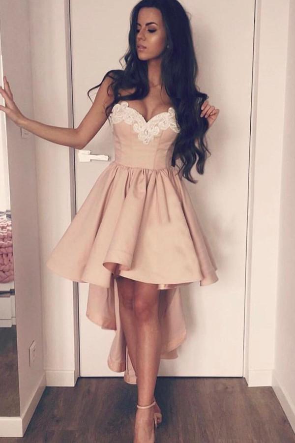Pink Stretch A-Line Sweetheart High Low Satin Beaded Homecoming Dresses,  MH285 – Musebridals