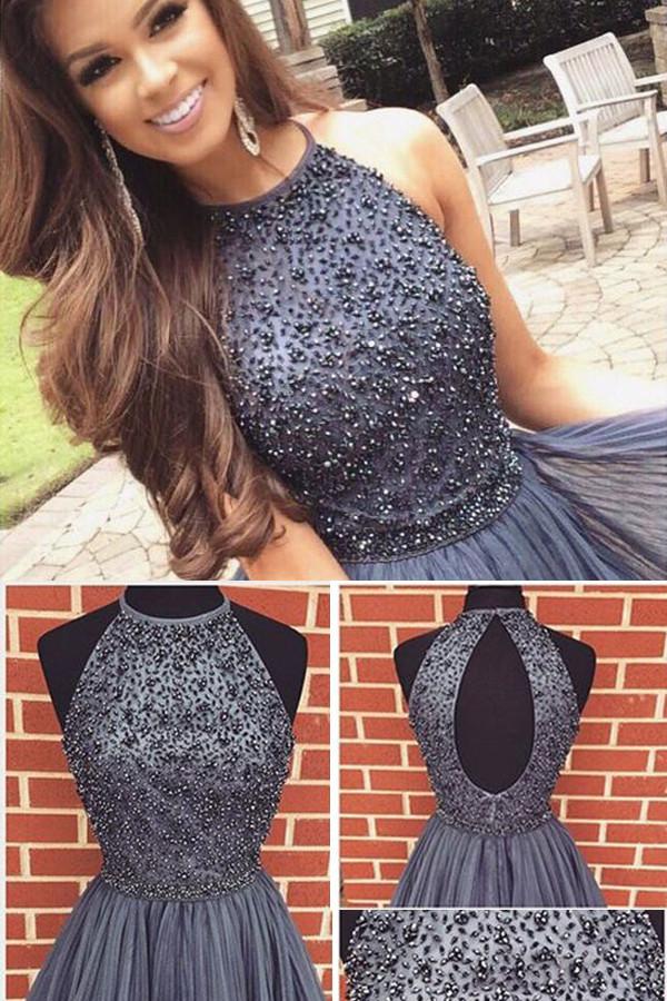 Gray Halter High Neck A-line Beaded Tulle Homecoming Dress, Short Prom Dress, MH102 Gray Halter High Neck A-line Beaded Tulle Homecoming Dress, Short Prom Dress, MH102