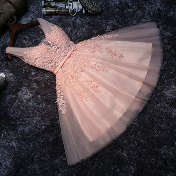 Blush Pink Short Bridesmaid Dress, Lace Appliqued Tulle Homecoming Dre Musebridals Blush Pink Short Bridesmaid Dress, Lace Appliqued Tulle Homecoming Dre Musebridals