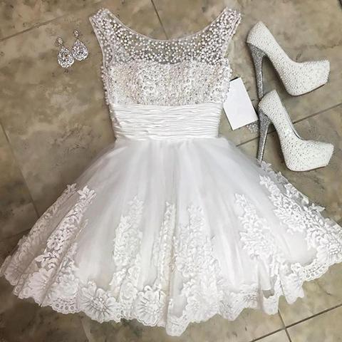 white beaded graduation dress Ivory White Eyelet Ruffled Mini Graduation Dress Ivory White / Large