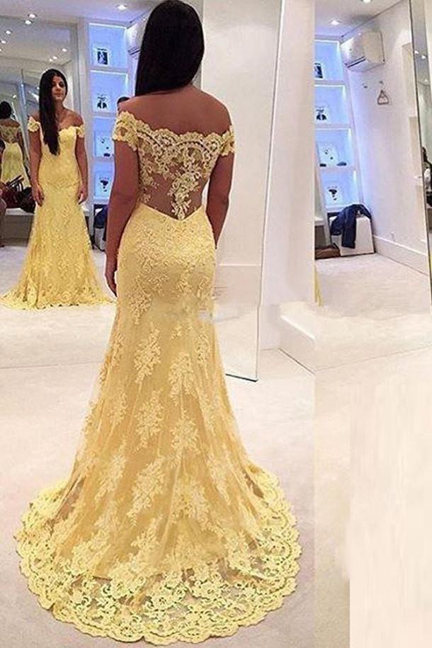 Yellow Off-the-Shoulder Lace Sweep Train Mermaid Prom Dresses Evening Dresses, MP312|musebridals.com