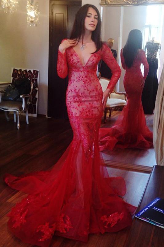 fitted lace wedding dress Glamorous 3/4 Sleeves Lace Prom Dress Long With Slit Online – Ballbella main image 1