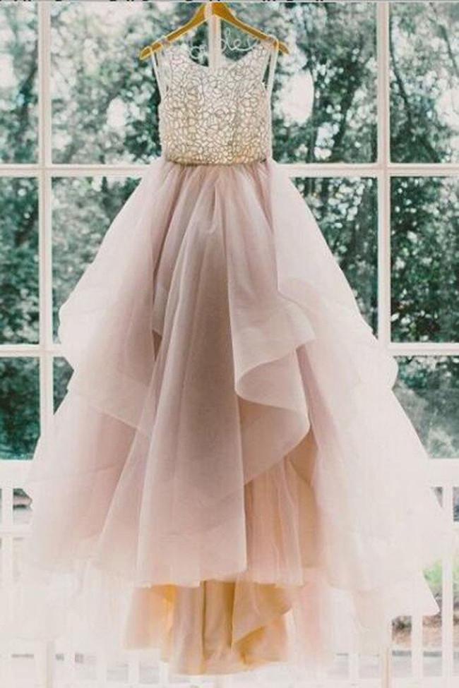 Organza Tulle High Neck Scoop Neck Sleeveless Prom Dress with Sweep Train, MP316