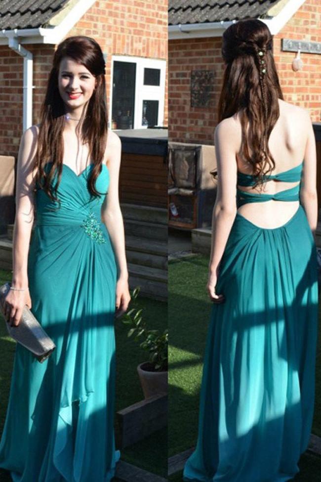 Blue Ruffles Backless Off Shoulder Chiffon Long Prom Dress Evening Gowns, MP276