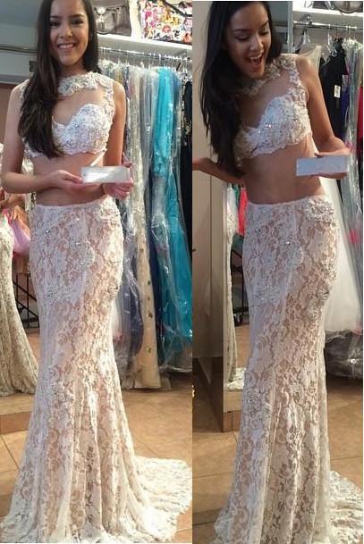 white two piece mermaid prom dress Two Piece Backless Lace Mermaid Long Prom Dress With Beading Evening Gowns,  MP104 – Musebridals