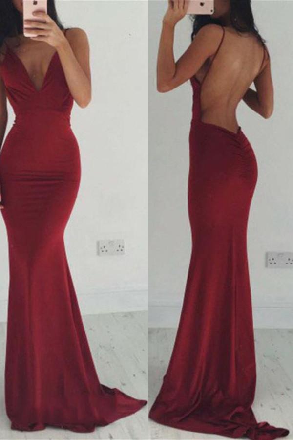 Burgundy Backless Spaghetti Straps V-neck Long Prom Dresses, Evening Dresses, MP122