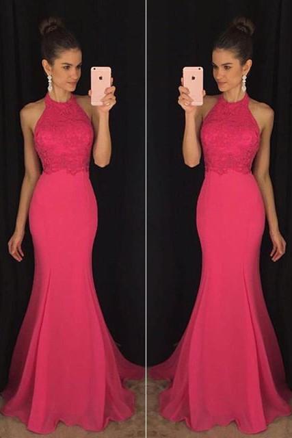 Charming Pink Chiffon Mermaid Halter Long Party Dress, Prom Dresses, MP206
