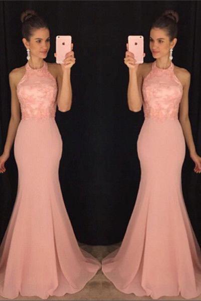 Charming Pink Chiffon Mermaid Halter Long Party Dress, Prom Dresses, MP206