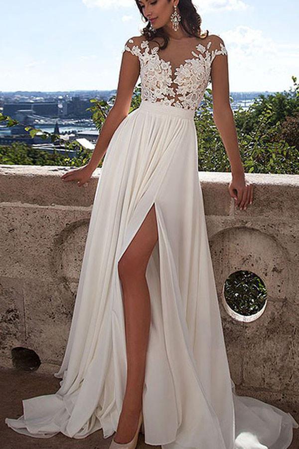 White Lace A-Line Front Split Wedding Dresses With Appliques, Bridal D Musebridals White Lace A-Line Front Split Wedding Dresses With Appliques, Bridal D Musebridals
