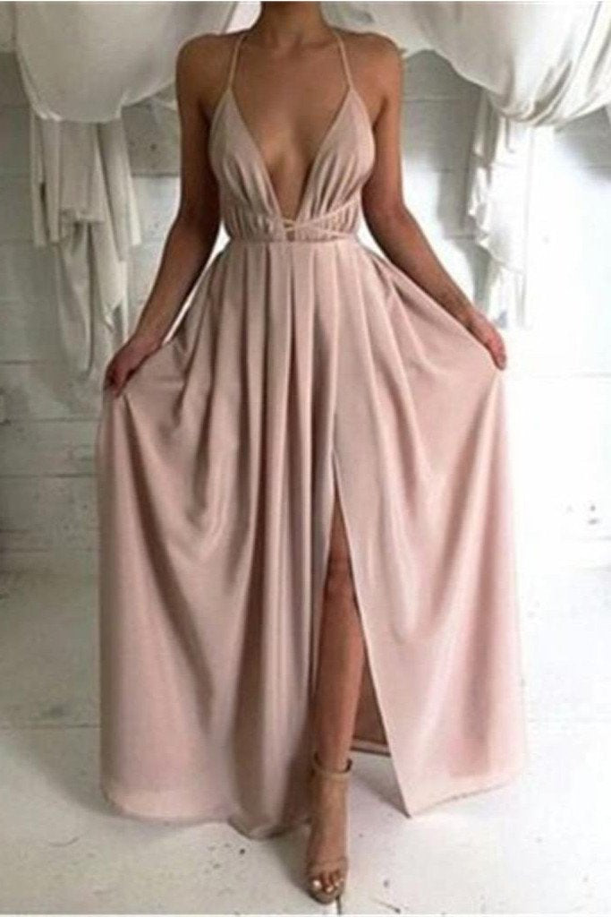 Chiffon Spaghetti Straps Side Slit Long Backless Sleeveless Prom Dresses, MP283