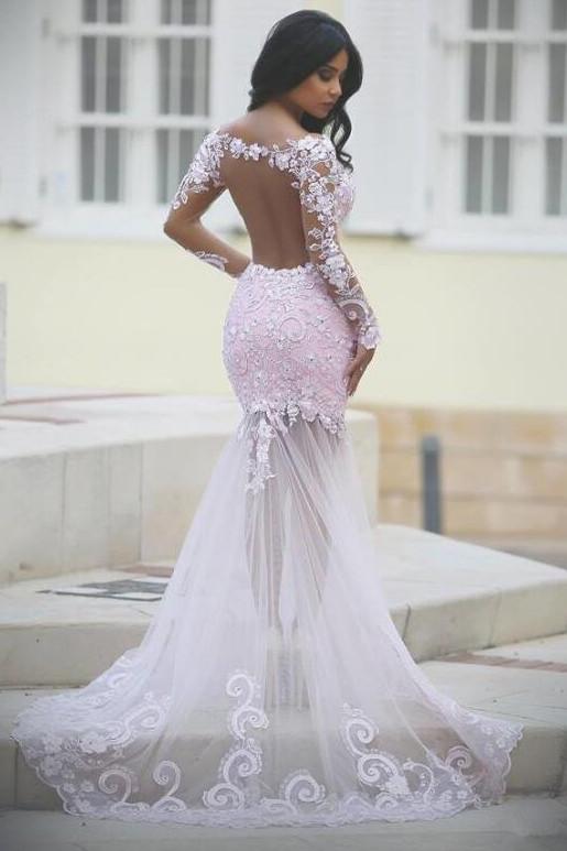 Long Sleeve V-Neck See Through Backless Lace Applique Slit Tulle
