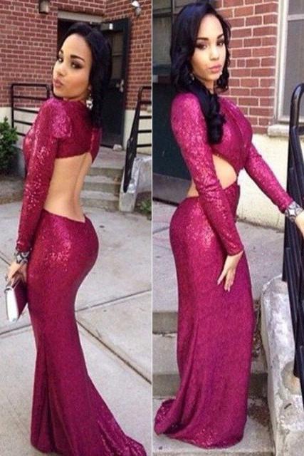Purple Backless Sequin Mermaid Long Sleeve Prom Dresses, Evening Dress, MP381