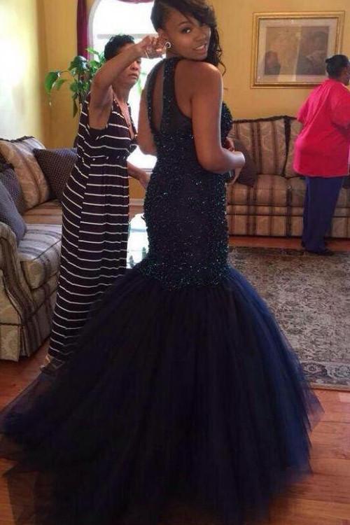 Navy Long Party Prom Dress, Beaded Halter Mermaid Long Prom Dresses, MP110 at musebridals.com