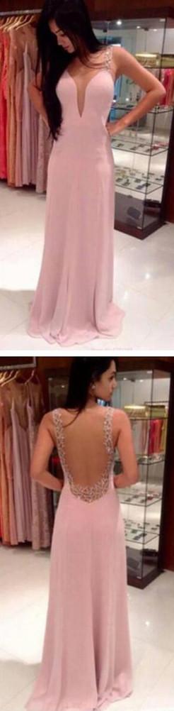Pink V-Neck Backless Long Prom Dresses, Pretty Evening Dresses, Party Dresses, MP274|musebridals.com