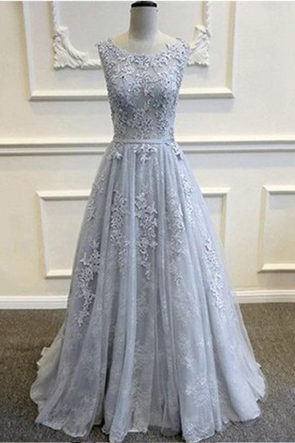 Gray V-Back Lace Tulle Long Prom Dresses With Appliques, Evening Dresses, MP241