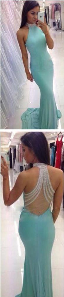 Blue High Neck Backless Mermaid Long Prom Dress, Evening Dresses for Cheap, MP135