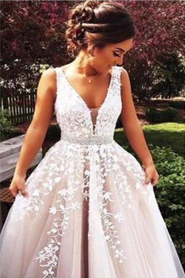 A line V neck Off Shoulder Lace Long Prom Dress with Appliques, Evening Dresses, MP114