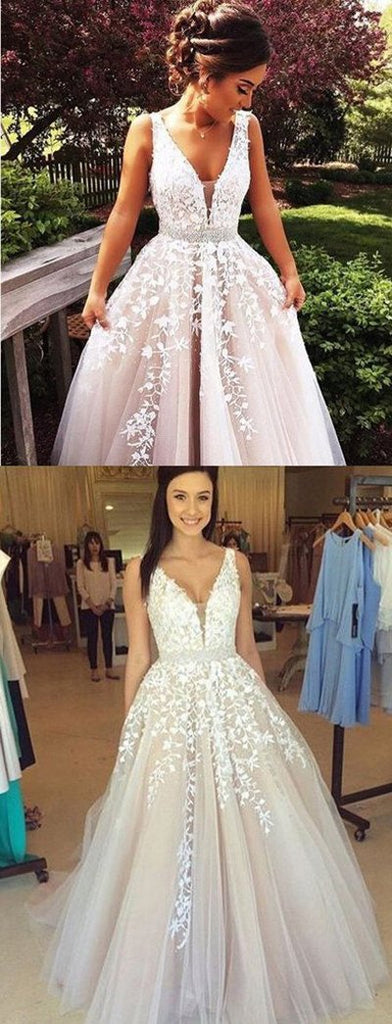 A line V neck Off Shoulder Lace Long Prom Dress with Appliques, Evening Dresses, MP114 at musebridals.com