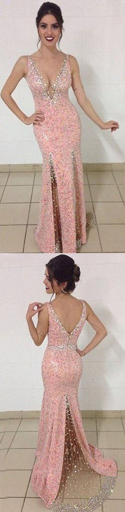 Newest Pink V-neck Mermaid Beaded Split Prom Dress, Evening Dress, MP341|musebridals.com
