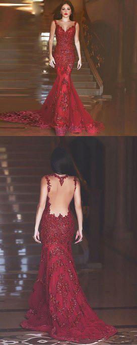 Fabulous Red Backless Mermaid Long Prom Dresses Evening Dresses, MP192