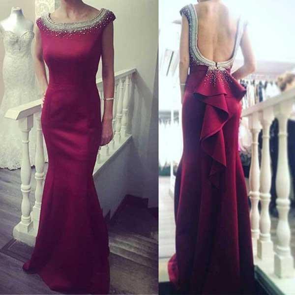 Red Mermaid Round Neckline Evening Dress, Prom Dresses with Beading, MP327|musebridals.com