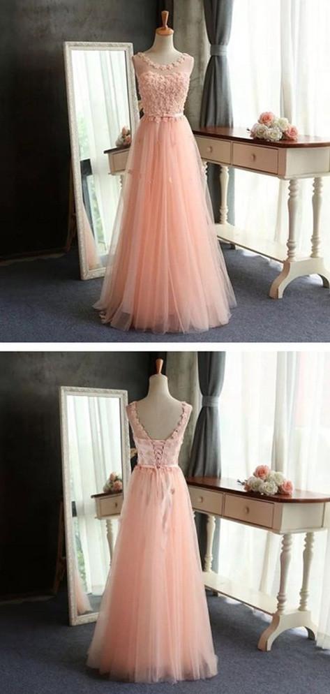 slim fit dress slacks Pink A-line Tulle Scoop Neck Long Prom Dresses, Pretty Formal Dress, MP405