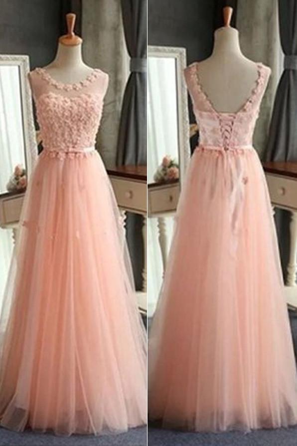 Pink A-line Tulle Scoop Neck Long Prom Dresses, Pretty Formal Dress, MP405