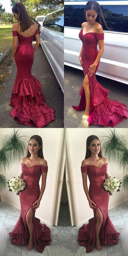 Glittering Red Sequined Mermaid Off Shoulder Prom Dresses, Evening Dresses, MP227|musebridals.com