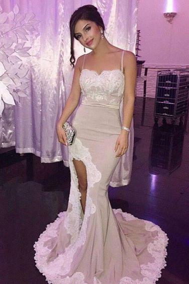 Lace Spaghetti Straps Mermaid Prom Dresses with Side Slit, Party Dresses, MP397