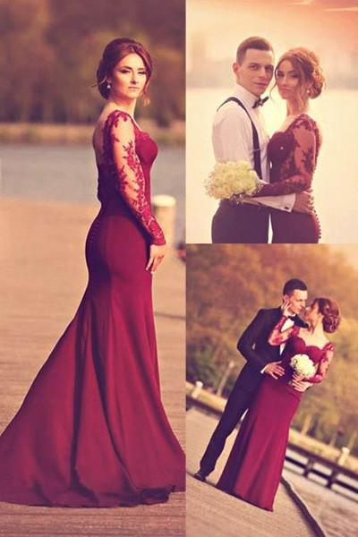Burgundy Sweetheart Long Sleeve A-Line Prom Dress With Lace Appliques, MP146
