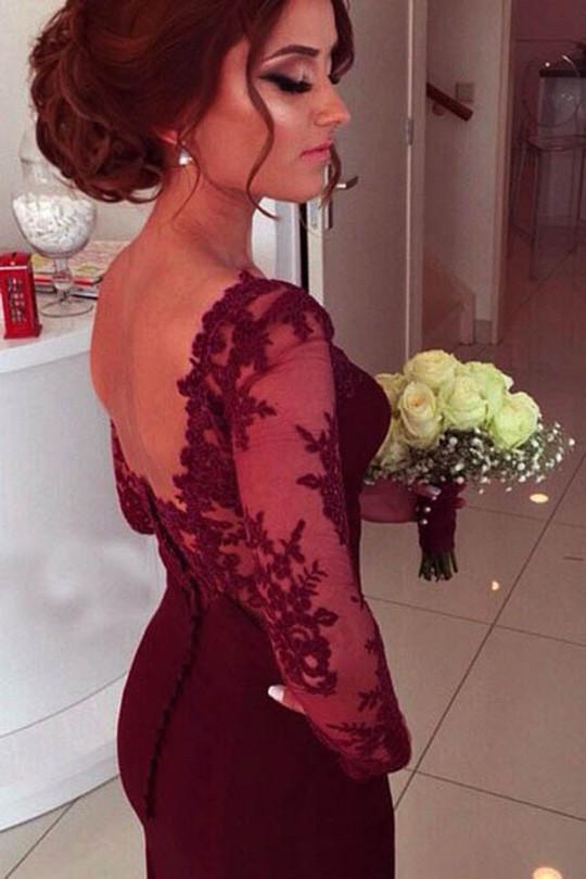Burgundy Sweetheart Long Sleeve A-Line Prom Dress With Lace Appliques, MP146