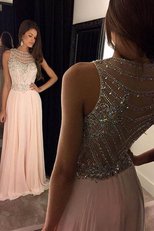 Pink Scoop Chiffon Sweep Train Long Prom Dresses With Crystals, MP385
